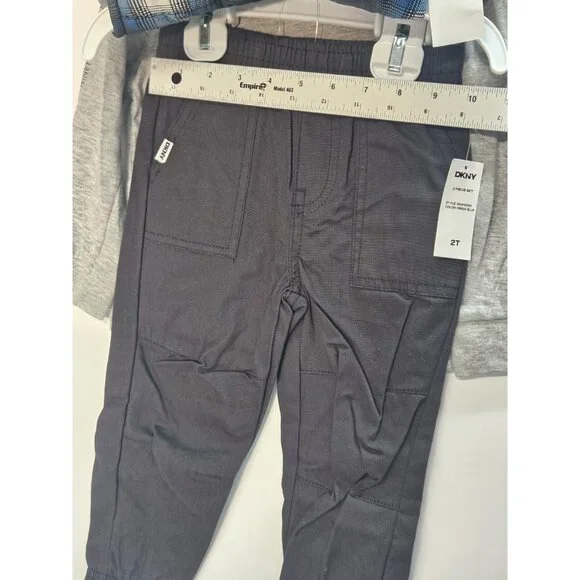 DKNY‎  Size 2T Set Of 3, Plaid Blue Vest/ Black Pants/ Grey Long Sleeve Printed - Picture 9 of 13